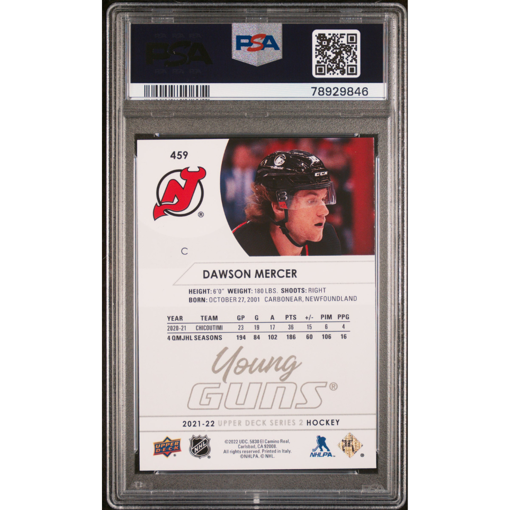 2021-22 Upper Deck #459 Dawson Mercer Young Guns PSA 9 New Jersey Devils