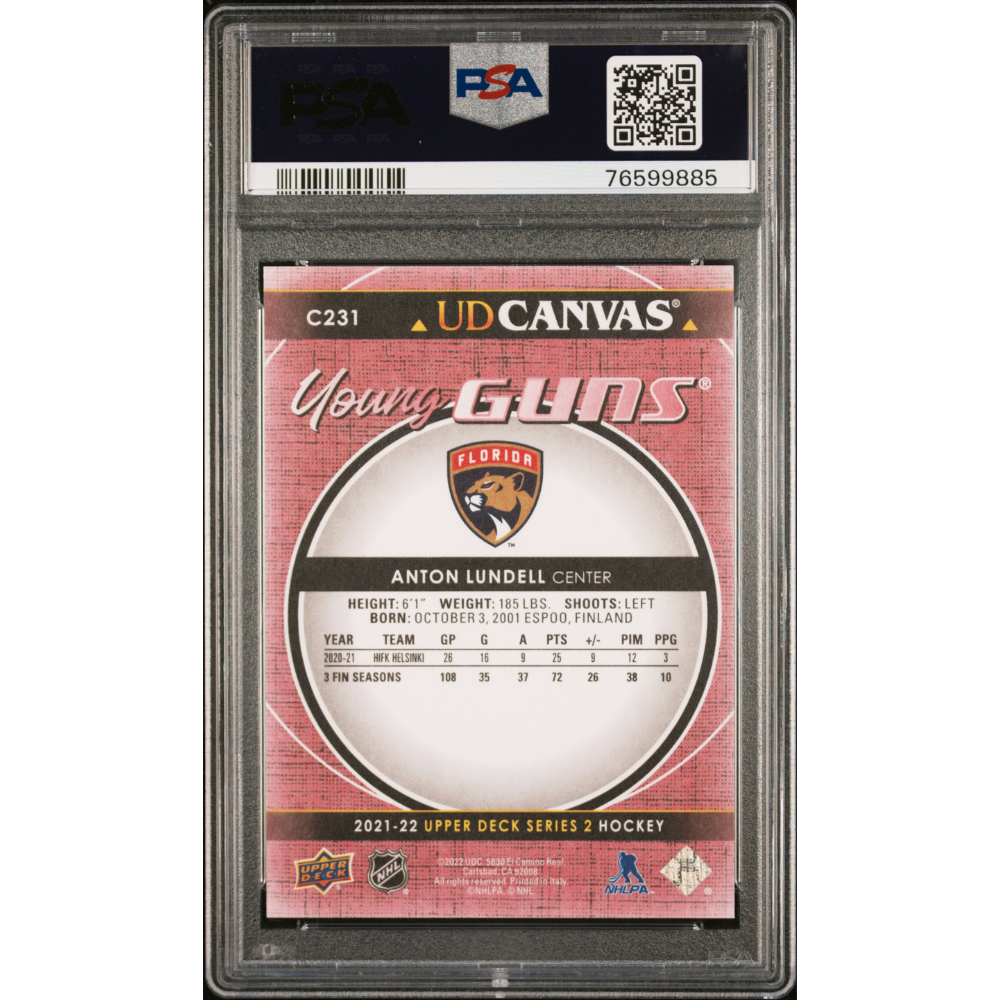 2021-22 Upper Deck #C231 Anton Lundell UD Canvas Young Guns PSA 10 Florida Panthers