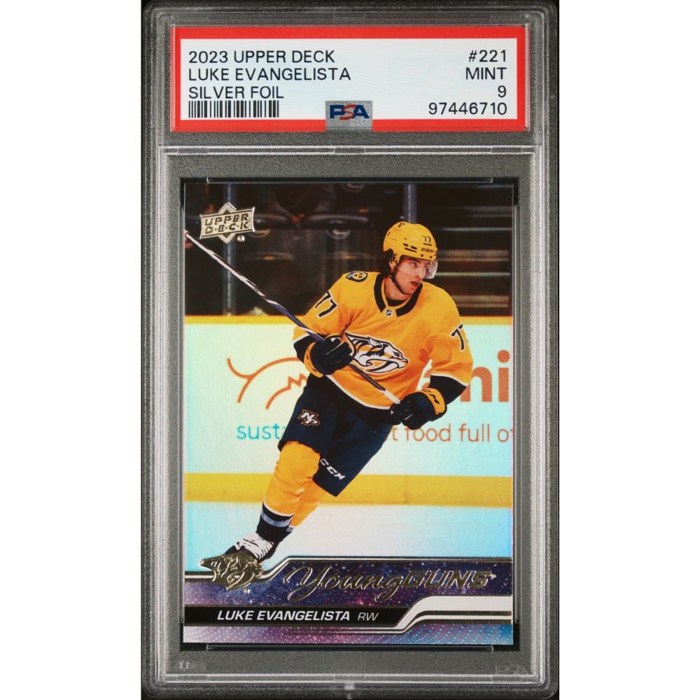 2023-24 Upper Deck #221 Luke Evangelista Young Guns Silver Foil PSA 9 Nashville Predators