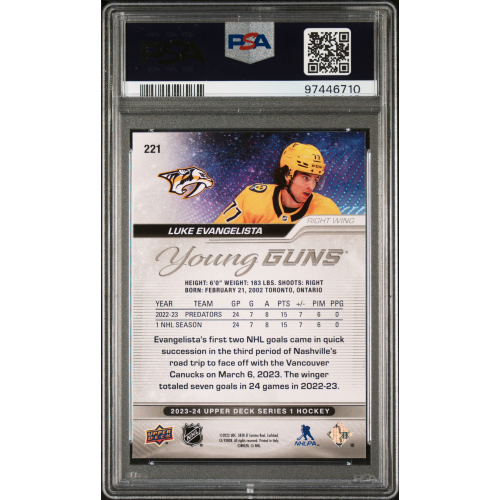 2023-24 Upper Deck #221 Luke Evangelista Young Guns Silver Foil PSA 9 Nashville Predators