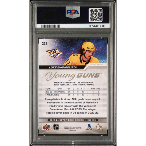 2023-24 Upper Deck #221 Luke Evangelista Young Guns Silver Foil PSA 9 Nashville Predators