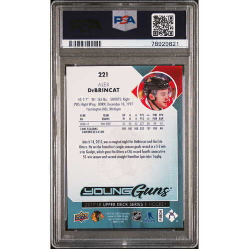 2017-18 Upper Deck Young Guns #221 Alex DeBrincat PSA 9 Chicago/Ottawa/Detroit