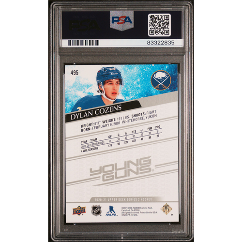 2020-21 Upper Deck Young Guns #495 Dylan Cozens PSA 10 Buffalo/Ottawa Senators