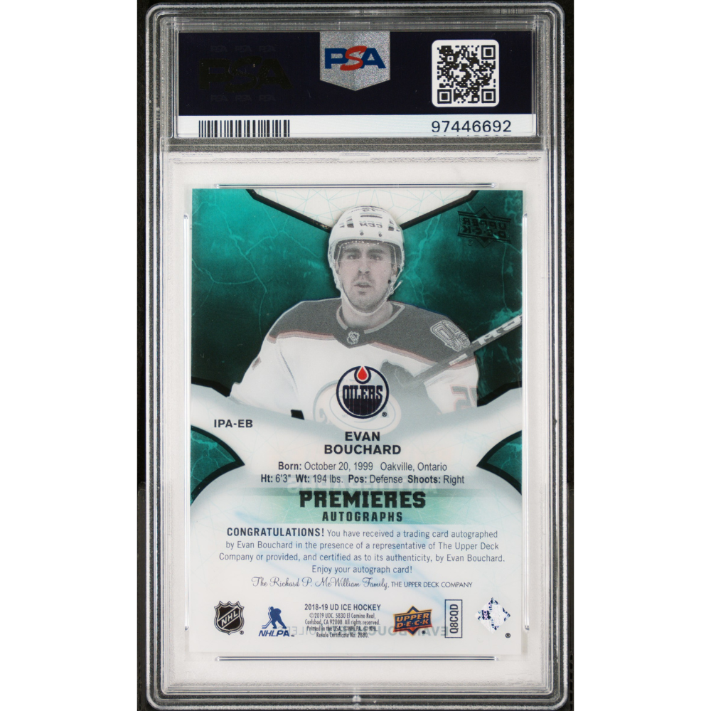 2018-19 Upper Deck Ice Premieres Auto #IPAEB Evan Bouchard PSA 9 Edmonton Oilers