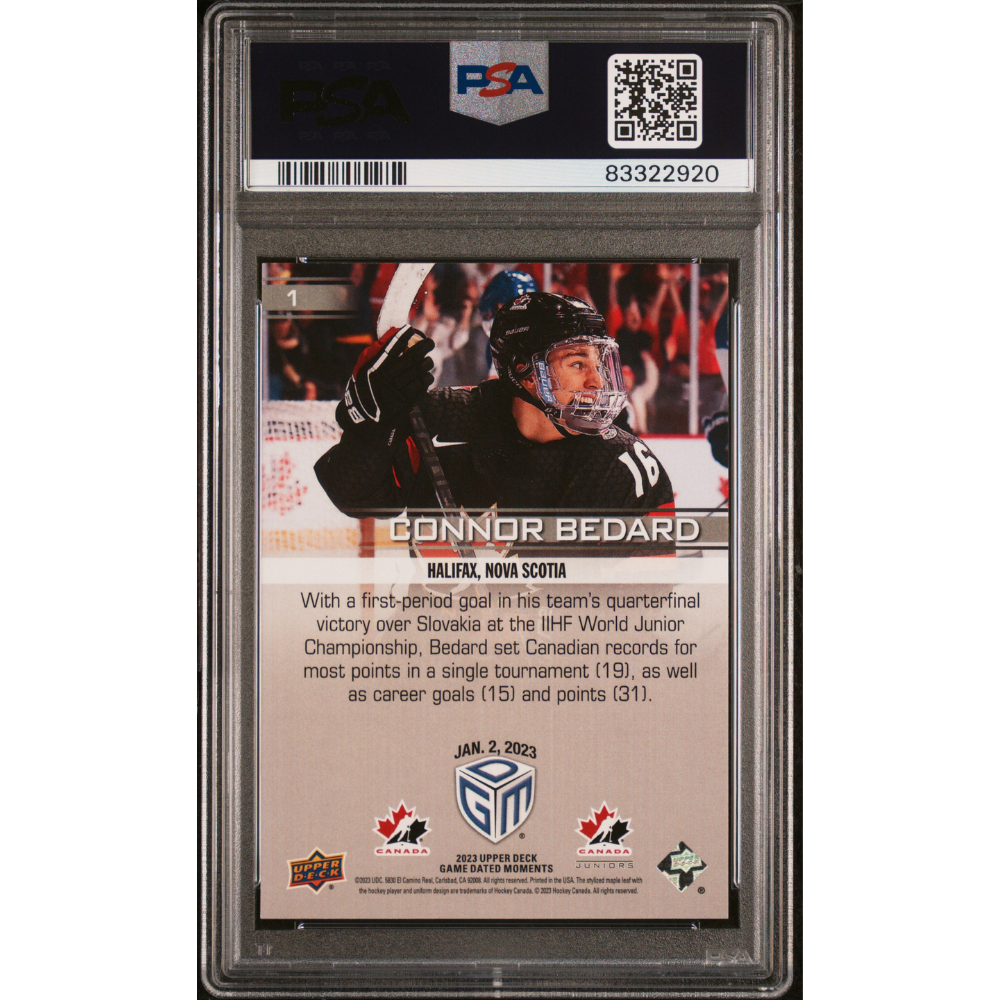 2023-24 Upper Deck Game Dated Moments #1 Connor Bedard PSA 9 Chicago Blackhawks