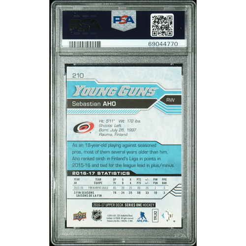 2016-17 Upper Deck #210 Sebastian Aho Young Guns PSA 9 Carolina Hurricanes
