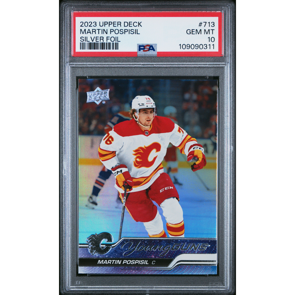2023-24 Upper Deck #713 Martin Pospisil Young Guns Silver Foil PSA 10 Calgary Flames