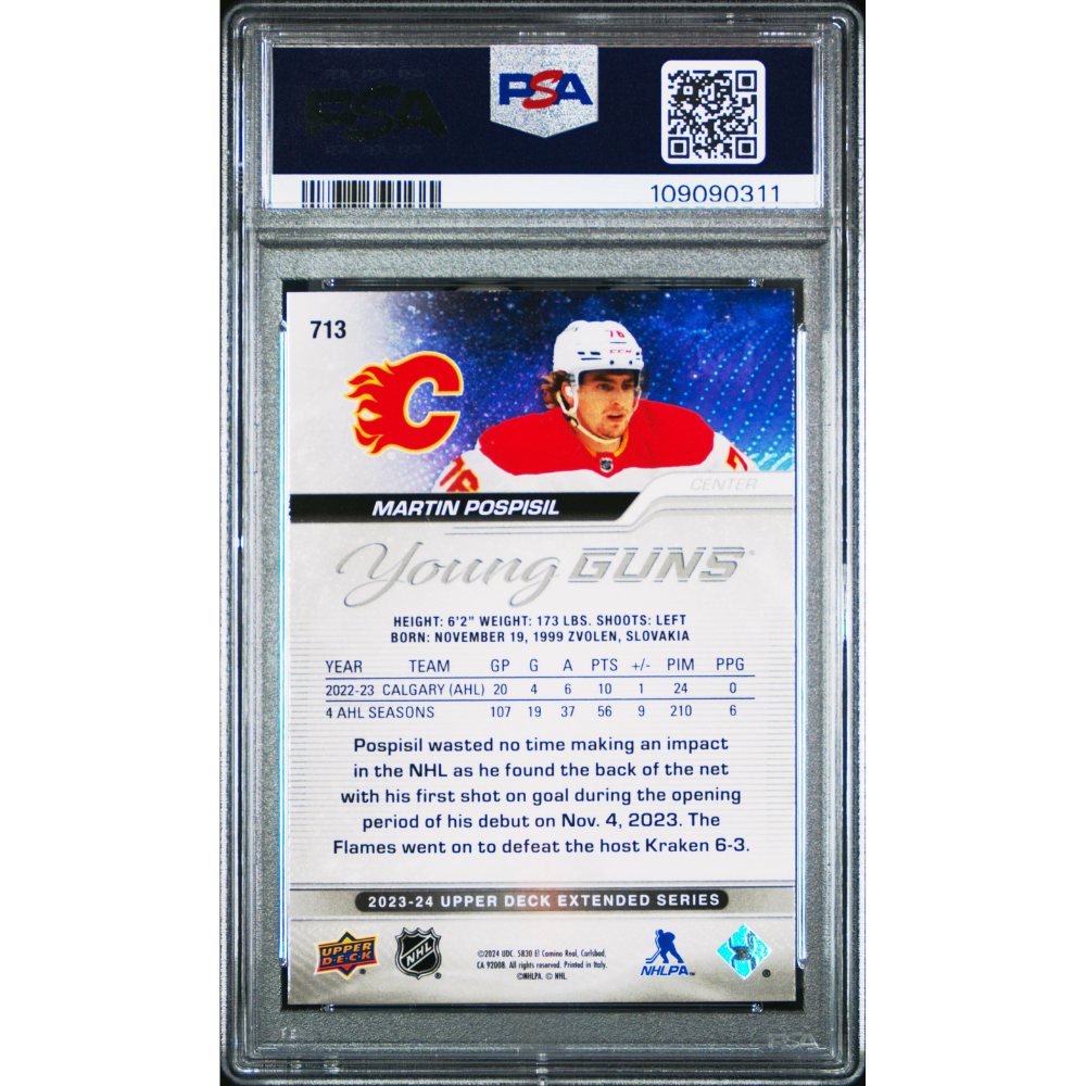 2023-24 Upper Deck #713 Martin Pospisil Young Guns Silver Foil PSA 10 Calgary Flames