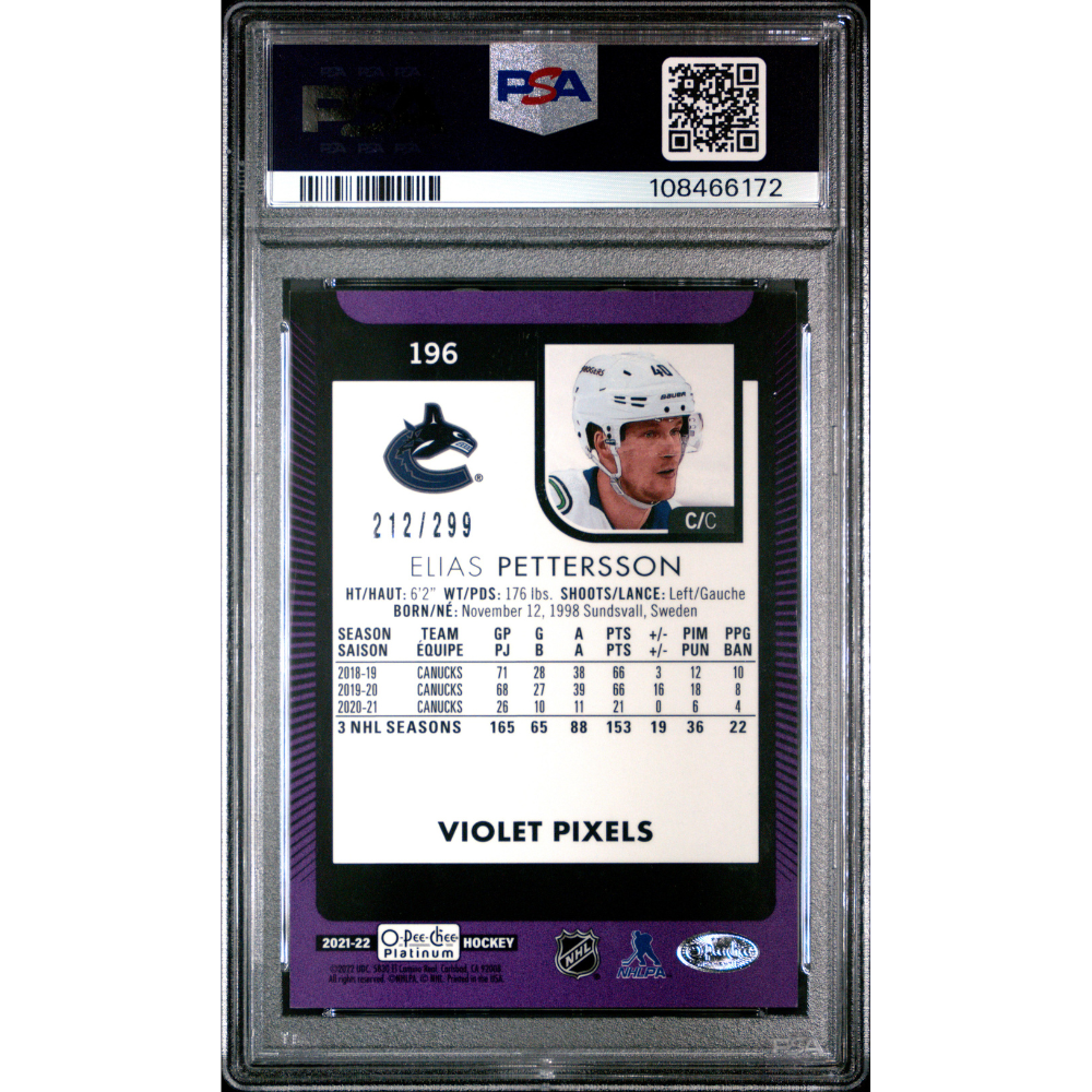 2021-22 OPC Platinum #196 Elias Pettersson Violet Pixels PSA 9