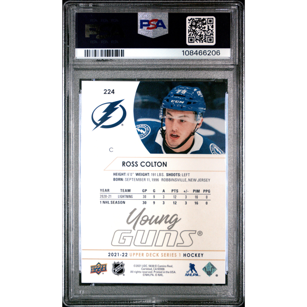 2021-22 Upper Deck #224 Ross Colton Young Guns Speckled Rainbow Foil PSA 9