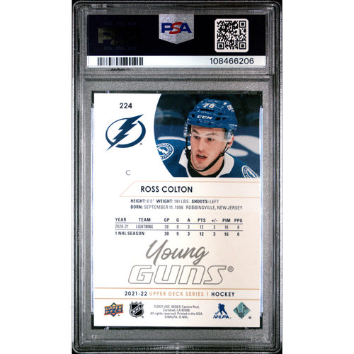 2021-22 Upper Deck #224 Ross Colton Young Guns Speckled Rainbow Foil PSA 9