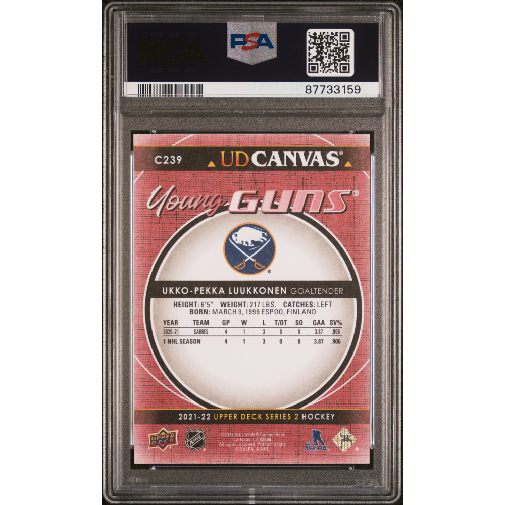 2021-22 Upper Deck #C239 Ukko-Pekka Luukkonen Young Guns Canvas PSA 10