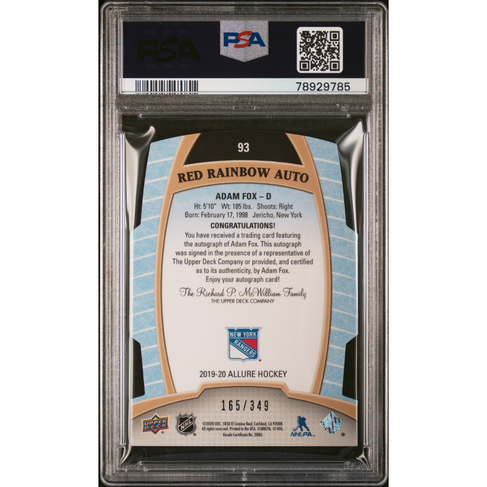 2019-20 Upper Deck Allure #93 Adam Fox Red Rainbow Autograph PSA 10