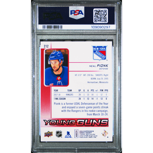 2018-19 Upper Deck #212 Neal Pionk Young Guns Exclusives PSA 10
