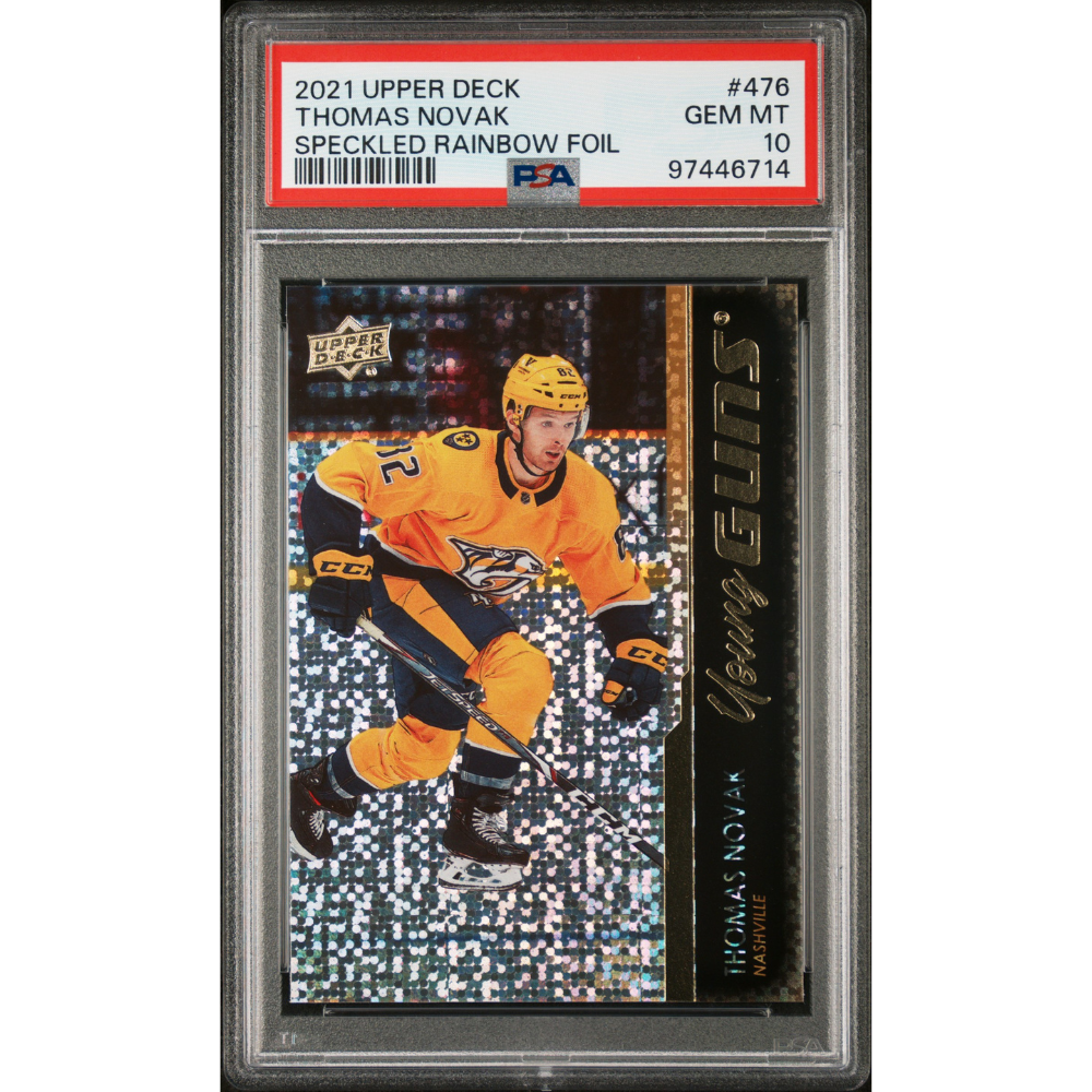 2021-22 Upper Deck #476 Thomas Novak Young Guns Speckled Rainbow Foil PSA 10