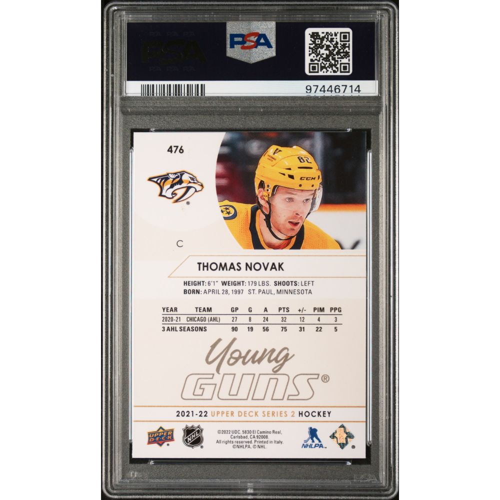 2021-22 Upper Deck #476 Thomas Novak Young Guns Speckled Rainbow Foil PSA 10