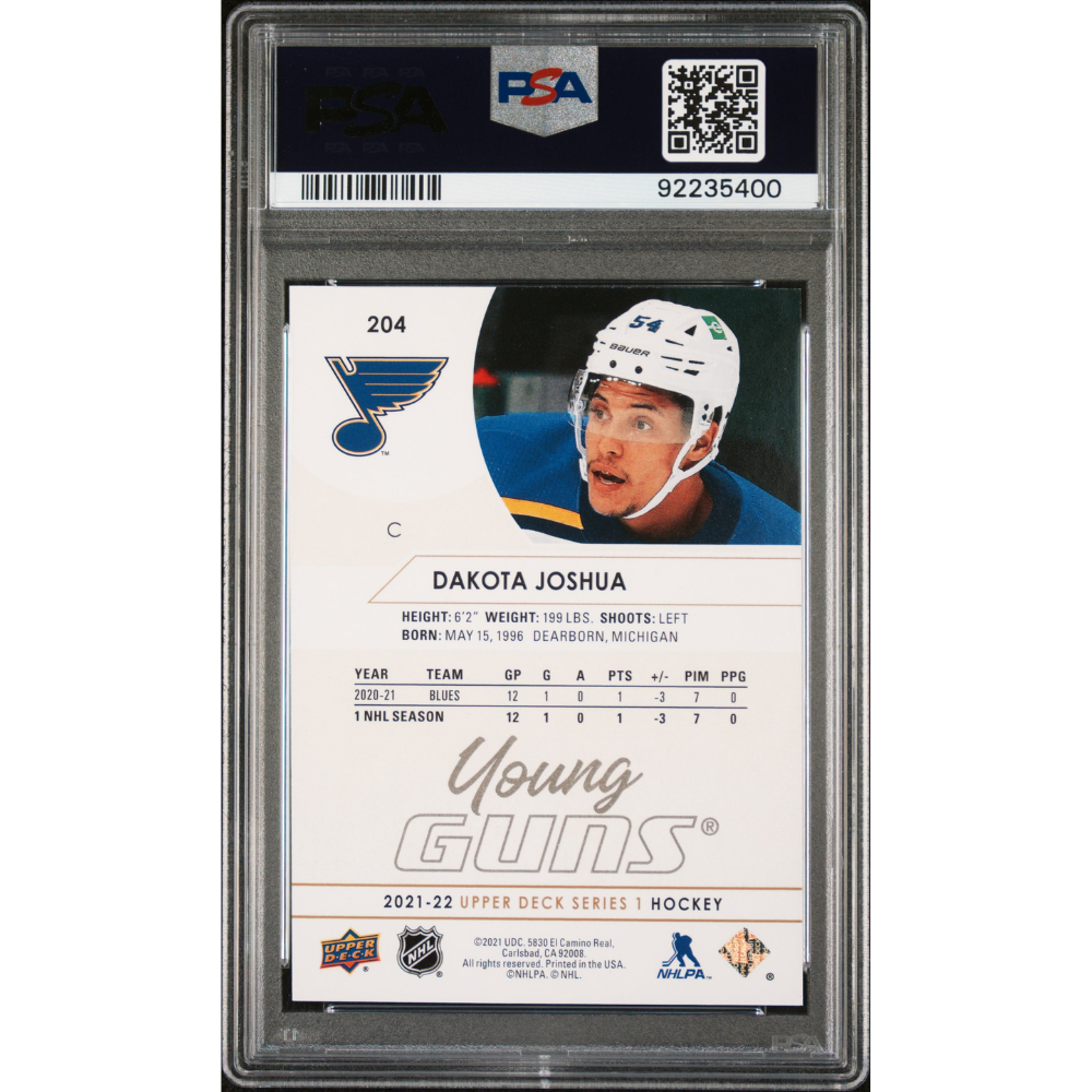 2021-22 Upper Deck #204 Dakota Joshua Young Guns Speckled Rainbow Foil PSA 9