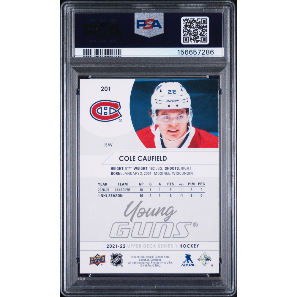 2021-22 Upper Deck #201 Cole Caufield Young Guns PSA 10 Montreal Canadiens