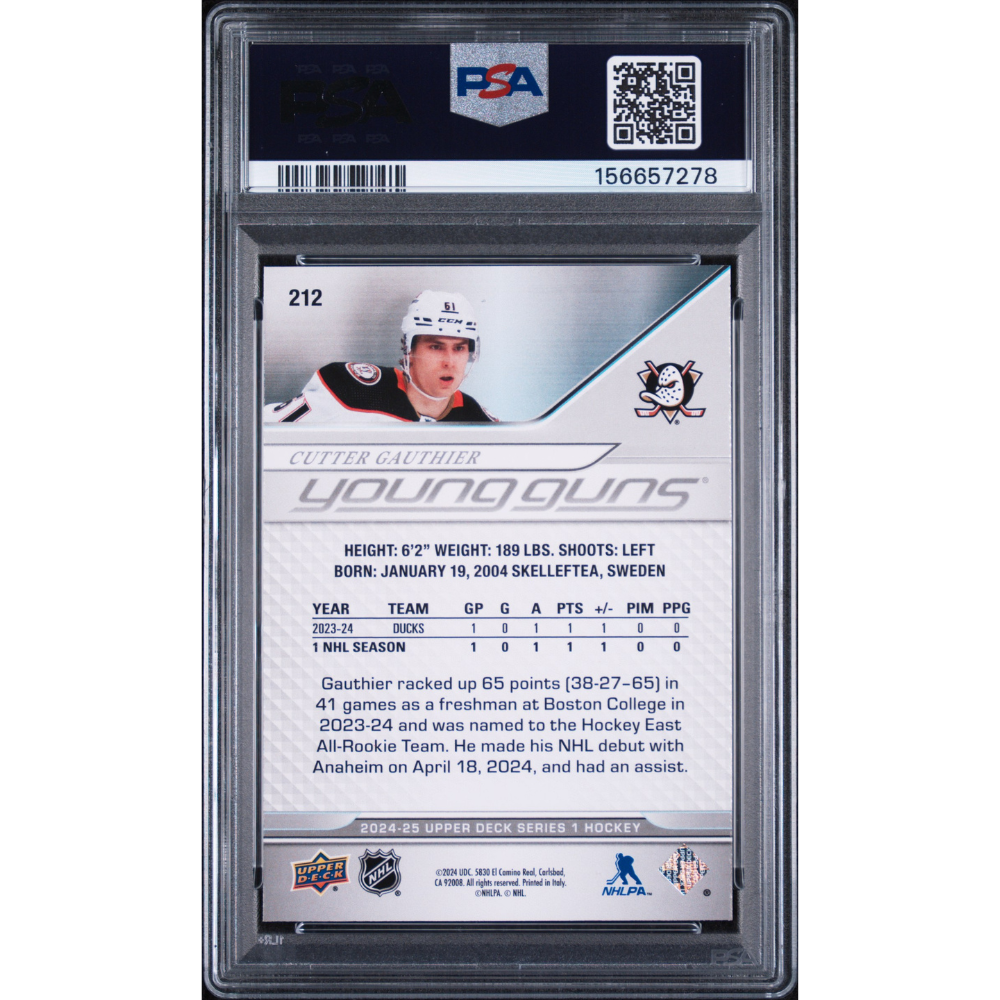 2024-25 Upper Deck #212 Cutter Gauthier Young Guns PSA 9 Anaheim Ducks
