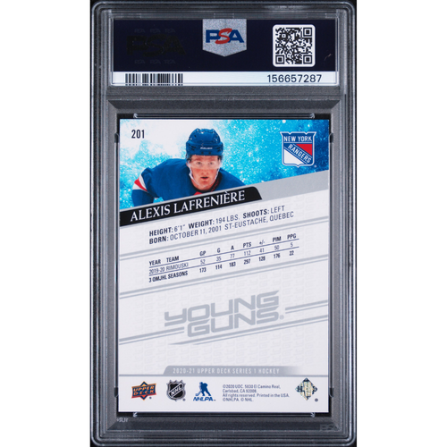 2020-21 Upper Deck #201 Alexis Lafreniere Young Guns PSA 10 New York Rangers