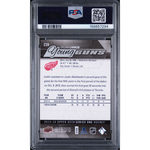 2015-16 Upper Deck #228 Dylan Larkin Young Guns PSA 8 Detroit Red Wings